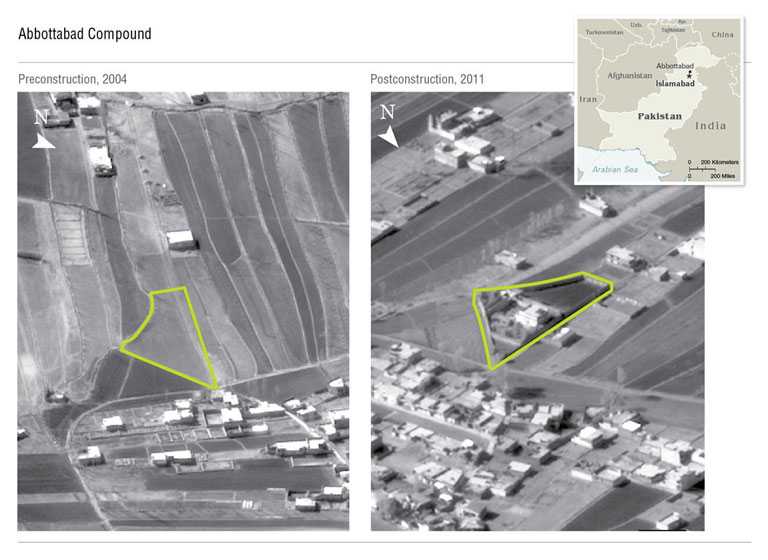 Two aerial views of the Abbottabad Compound in 2005.